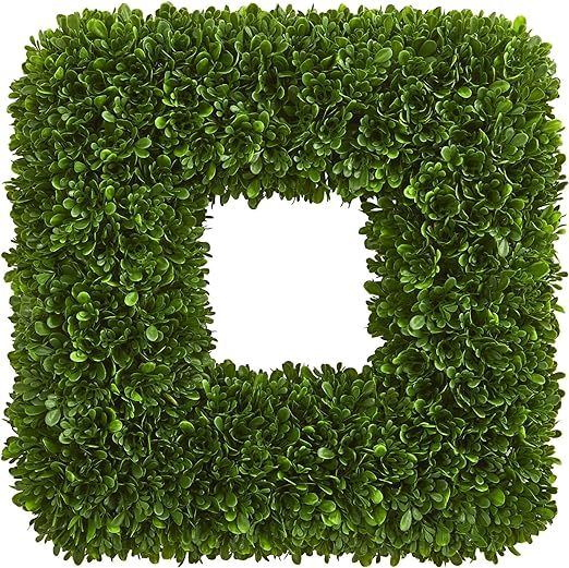 Nearly Natural 17" Tea Leaf Square Wreath UV Resistant Artificial Plant, Green | Amazon (US)