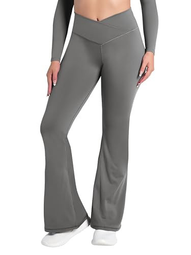 Sunzel Flare Leggings, Crossover Yoga Pants with Tummy Control, High-Waisted and Wide Leg, Fleece Lined 32" Inseam, Coastal Gray Large | Amazon (US)