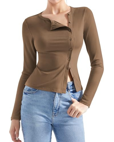 SUUKSESS Women Button Down Ribbed Modal Tops Long Sleeve Fall Fitted Going Out Shirt (Mocha, L) | Amazon (US)