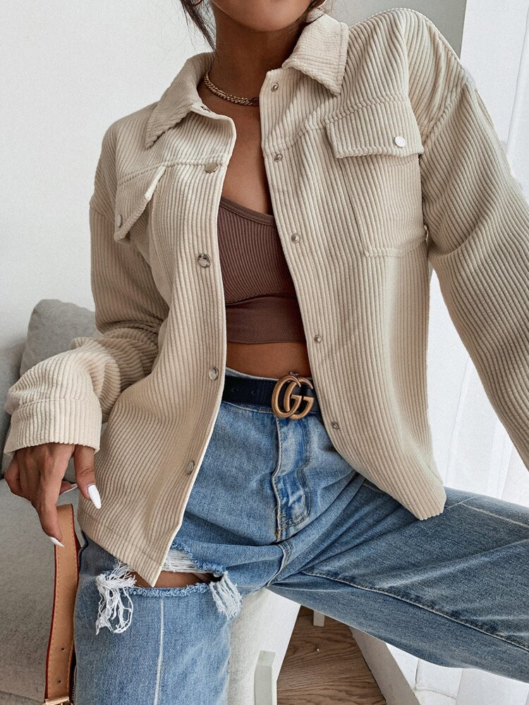 Flap Pocket Button Front Corduroy Jacket | SHEIN
