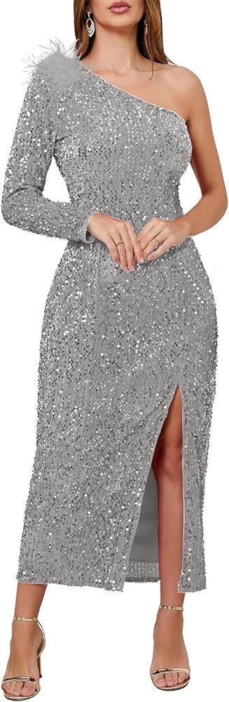 VERWIN Women's Sequins Dress One Shoulder Bodycon Oblique Collar Maxi Dress Sparkly Spilt Wrap Co... | Amazon (US)