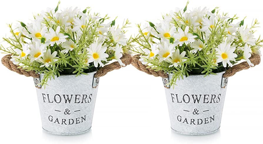 BLOSMON Artificial White Daisy Flowers Pot 2 Pcs Fake Daisies Small Flower with Metal Vase Outdoo... | Amazon (US)