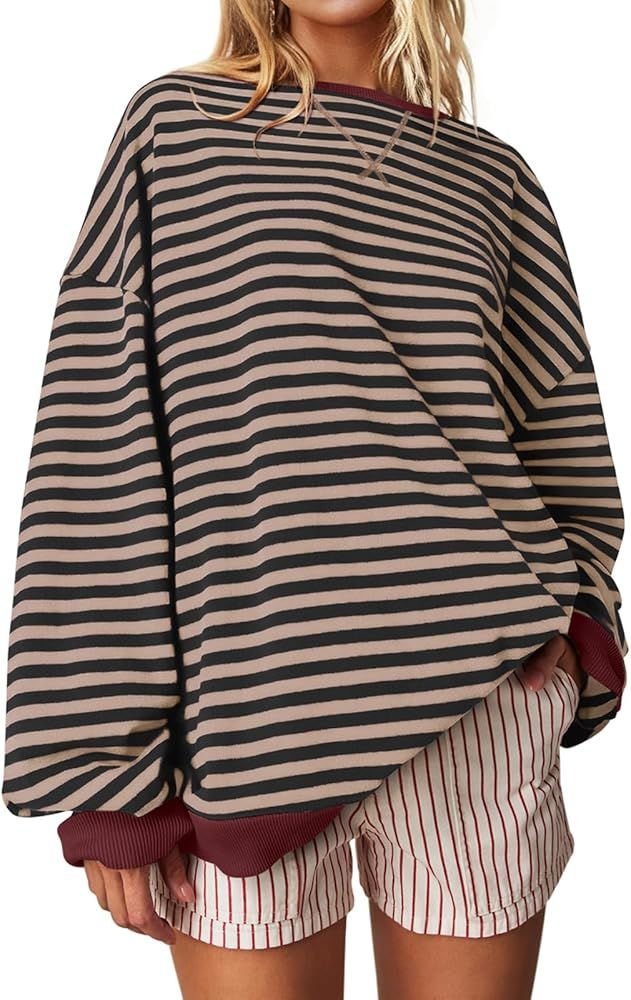 UEU Women Oversized Striped Crewneck Sweatshirt Long Sleeve Color Block Pullover Tops Casual Loos... | Amazon (US)