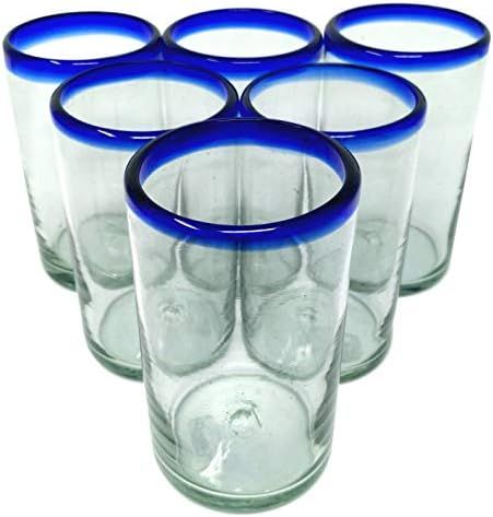 Hand Blown Mexican Drinking Glasses – Set of 6 Glasses with Cobalt Blue Rims (14 oz each) | Amazon (US)