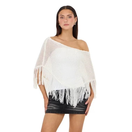 Forever 21 Women’s Fringe Off-the-Shoulder Crochet Poncho, Open Knit Boho Cover-Up Top for Festivals and Beach Styling, XS-XL | Walmart (US)