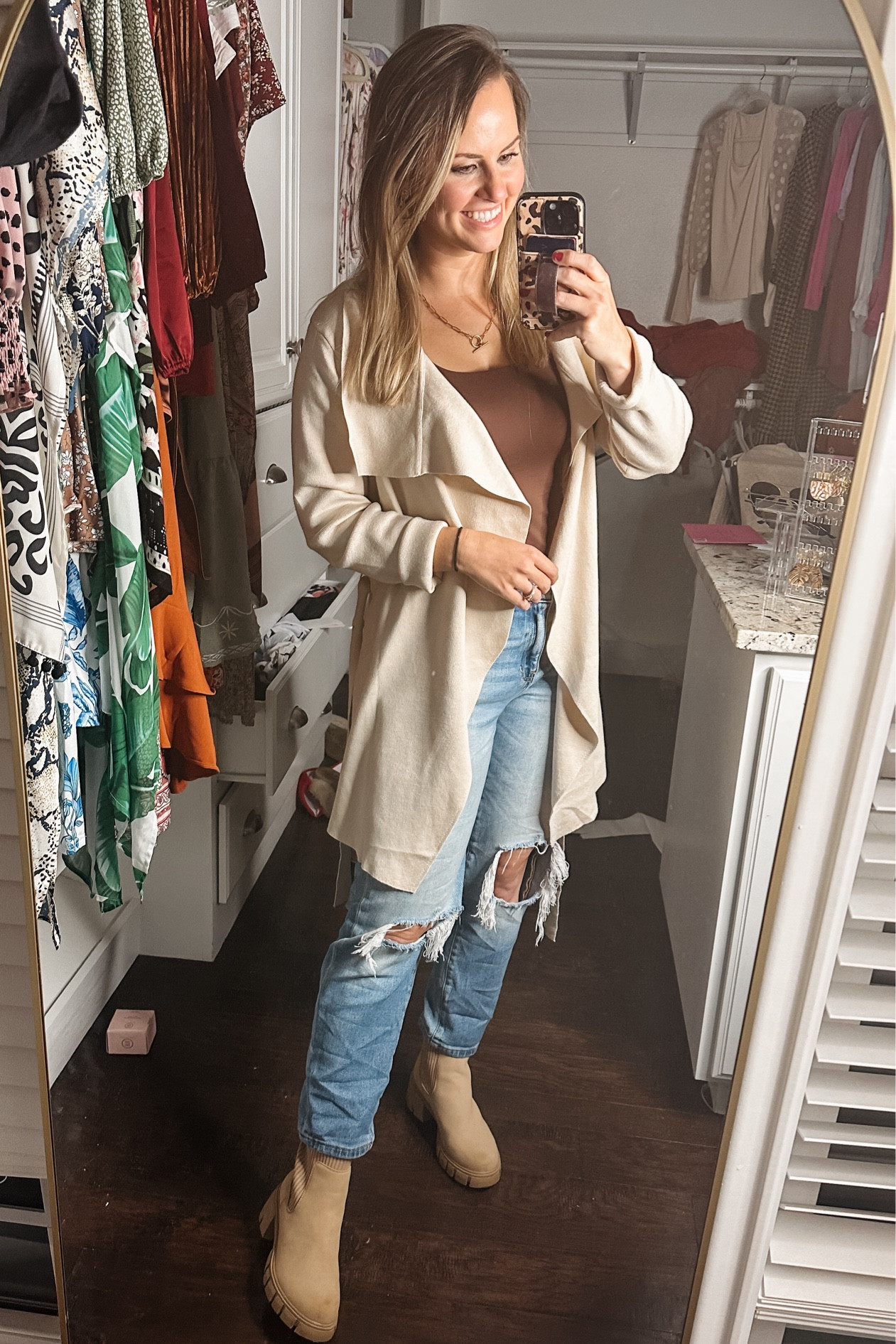 Amazon casual outfit! Love this open cardigan with a tie waist- super soft and amazing quality! Paired it with my fave bodysuit, high waisted mom jeans & pull on lug Chelsea boots! 

Amazon fashion finds. Size 6 style. Casual mom looks. Holiday party. Christmas outfit. 

#LTKfindsunder50 #LTKworkwear #LTKHoliday