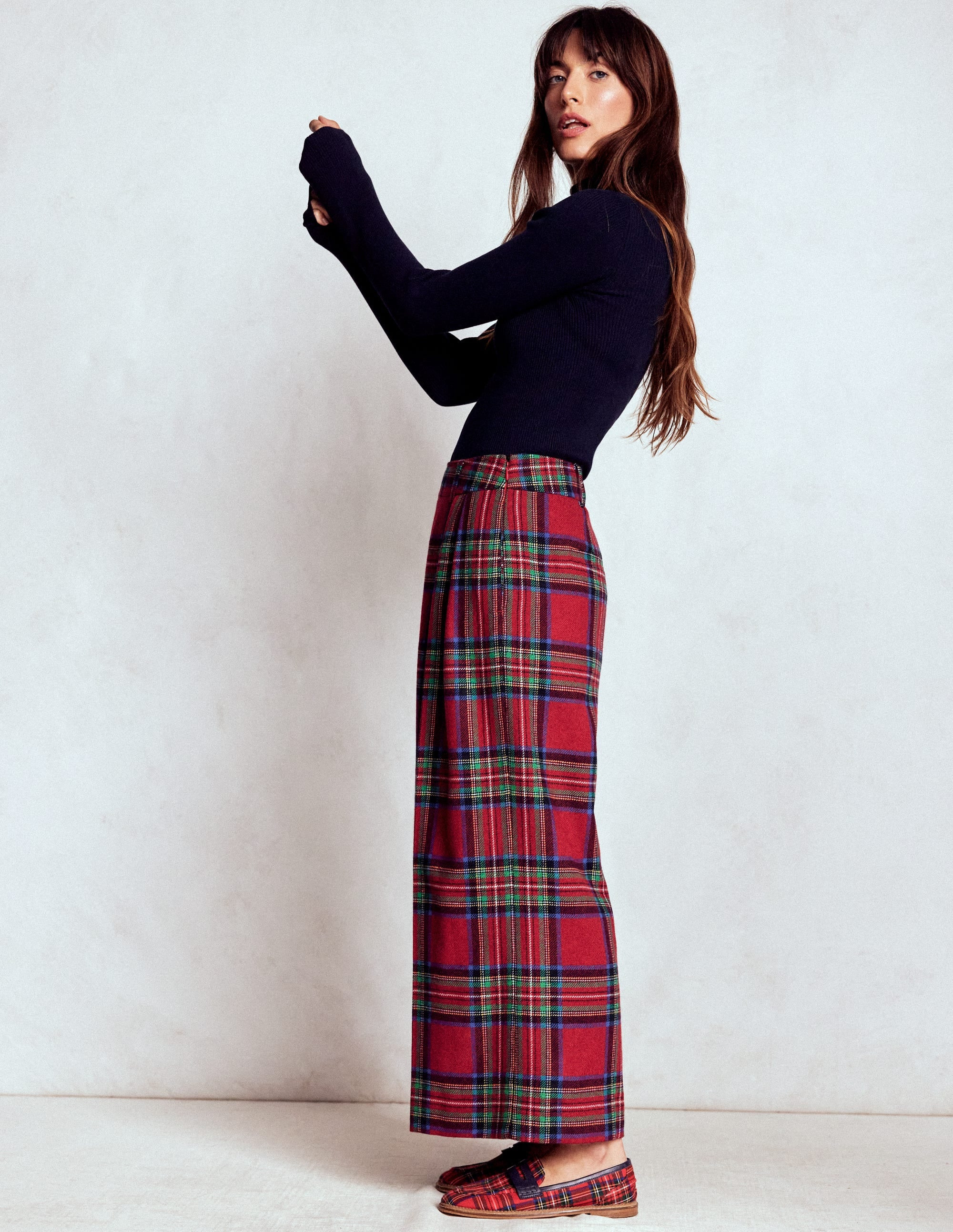 Pleated Wool Culottes-Red, Blue and Green Check | Boden UK