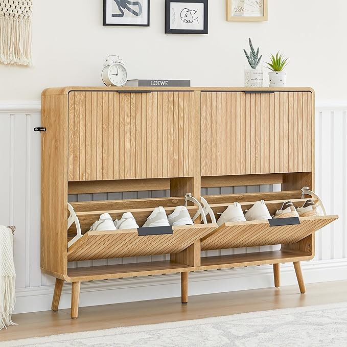 47" Fluted Large Shoe Cabinet with 4 Flip Drawers, Slim Freestanding Shoe Cabinet Organizer, Narr... | Amazon (US)