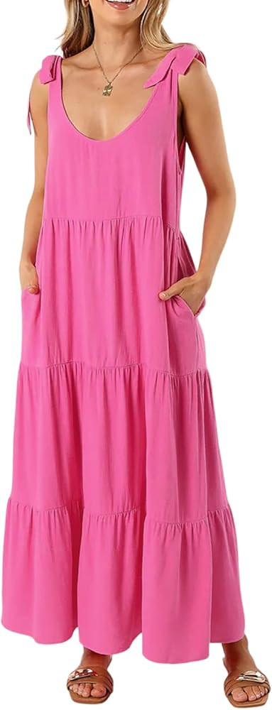 R.Vivimos Women's Summer Casual Beach Midi Dress Cotton Linen Sleeveless Adjustable Straps Tiered... | Amazon (US)