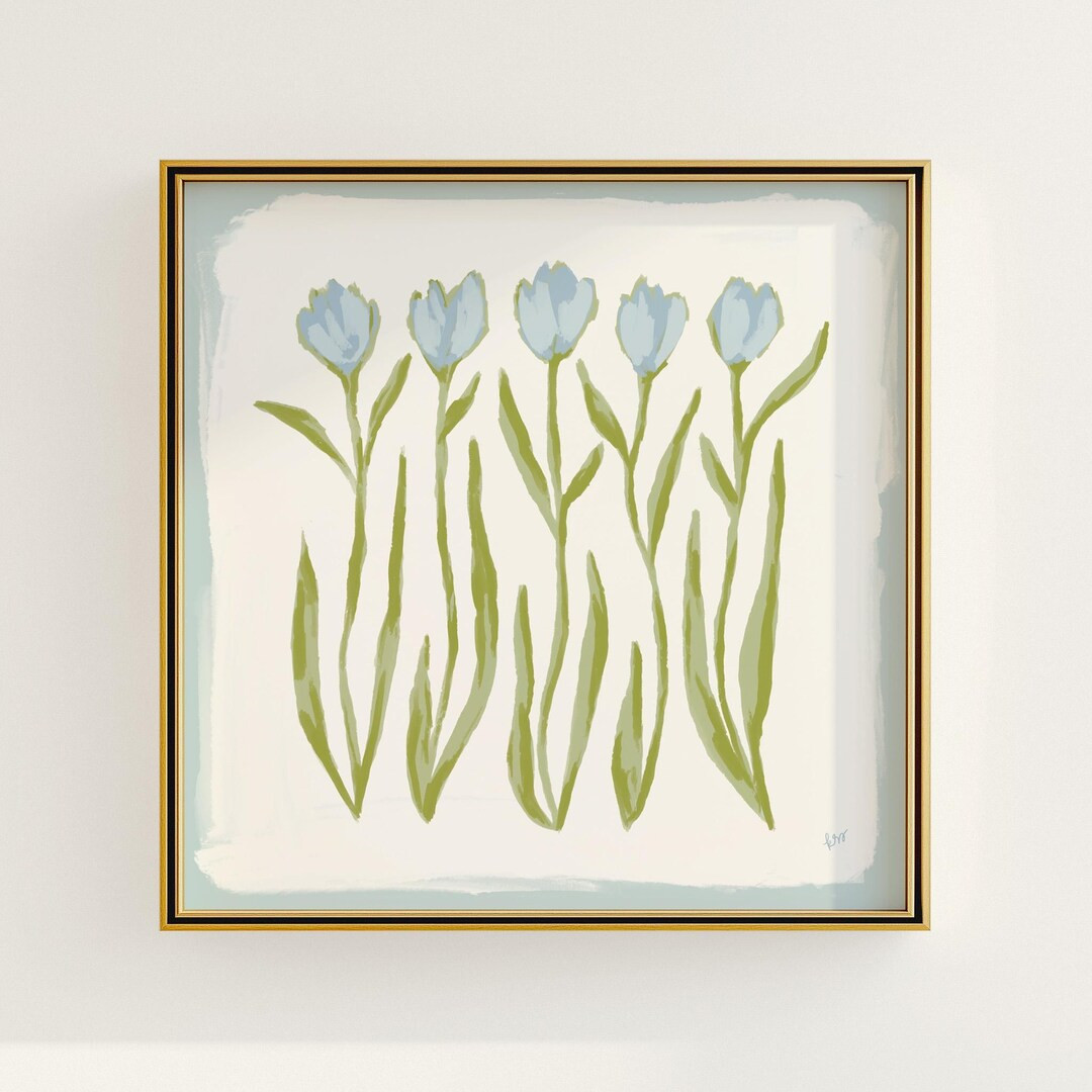 Blue & Green Tulip Floral Botanical Print | Grandmillennial Wall Decor | Modern Southern Art | Di... | Etsy (US)