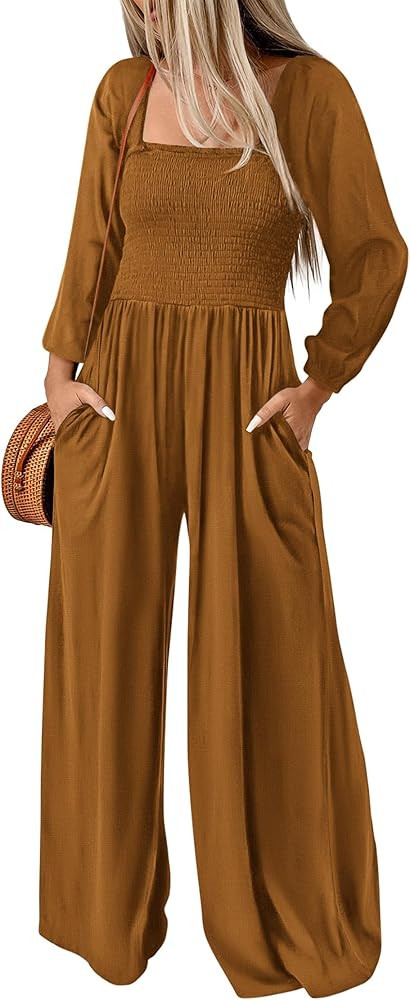 KIRUNDO Women's 2025 Spring Fall Long Sleeve Jumpsuits Casual Dressy One Piece Loose Smocked Wide... | Amazon (US)