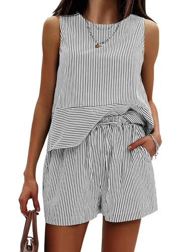 EXLURA Womens 100% Cotton Two Piece Sets Summer Outfits Casual Sleeveless Tank Top Matching Shorts Sets Beach Vacation Resort | Amazon (US)
