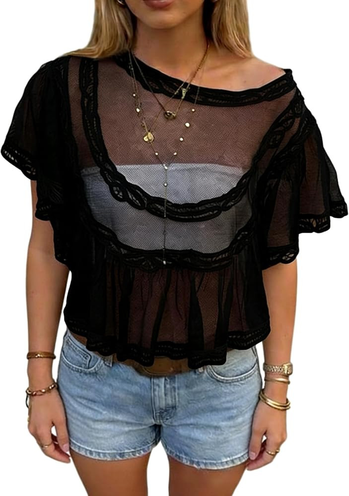 Women Sheer Mesh Top Lace Crop Blouse Ruffle Babydoll Cover Up Poncho Shirt Summer Beach Shawl Go... | Amazon (US)