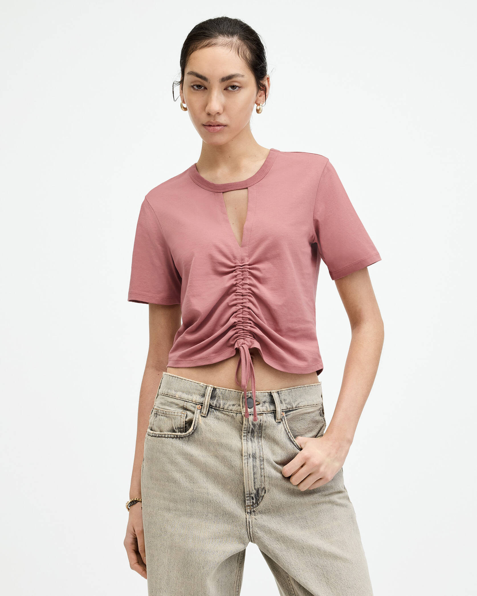 Gigi Drawcord Centre Cropped T-Shirt ASH ROSE PINK | ALLSAINTS US | AllSaints US