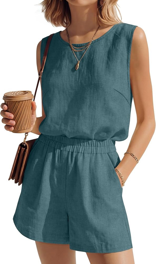 Ficerd Womens 2 Piece Summer Outfits Linen Short Sets Round Neck Sleeveless Tank Top Elastic High... | Amazon (US)