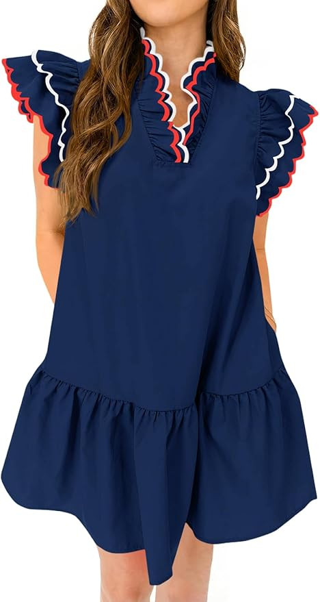 Wenrine Womens Summer Mini Dress Ruffle Short Sleeve V Neck Contrast Trim A Line Casual Loose Bea... | Amazon (US)