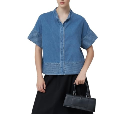 D-Sun Women Denim Shirts Short Sleeve Summer Button Down Denim Tops Business Casual Loose Jean Blouses | Amazon (US)