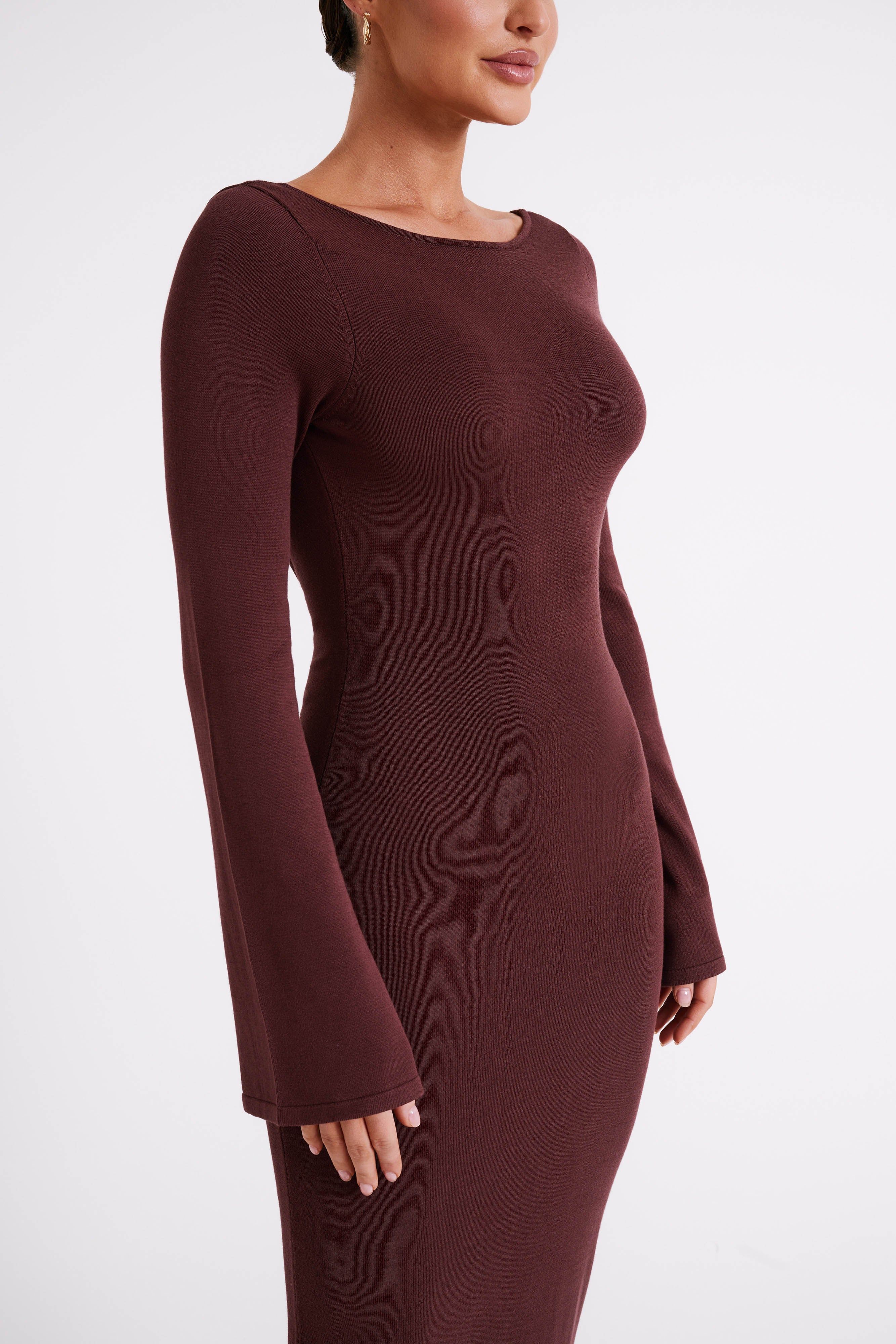 Marleigh Flare Sleeve Knit Maxi Dress - Dark Chocolate | MESHKI US