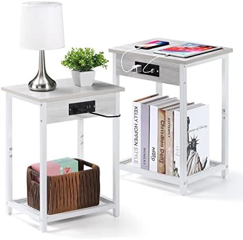 Nightstands Set of 2, End Table with Charging Station & USB Ports, 2 Tier Narrow Side Tables Bedroom | Amazon (US)