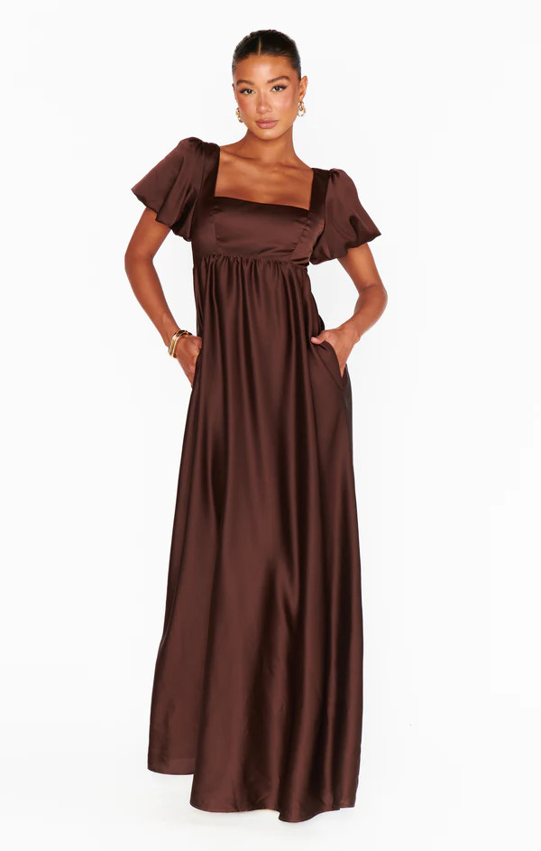 Nora Maxi Dress ~ Chocolate Luxe Satin | Show Me Your Mumu