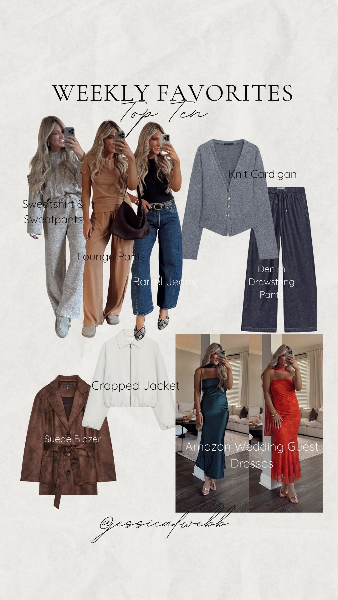 Weekly favorites- top ten! So many good pieces.
1 & 2. Amazon wedding guest dresses
3 & 4. Sweatshirt & sweatpants set
5. Barrel jeans 
6. Lounge pants 
7. Suede Blazer
8. Cropped jacket
9. Knit cardigan
10. Denim pants 

#LTKSeasonal #LTKStyleTip #LTKFindsUnder100