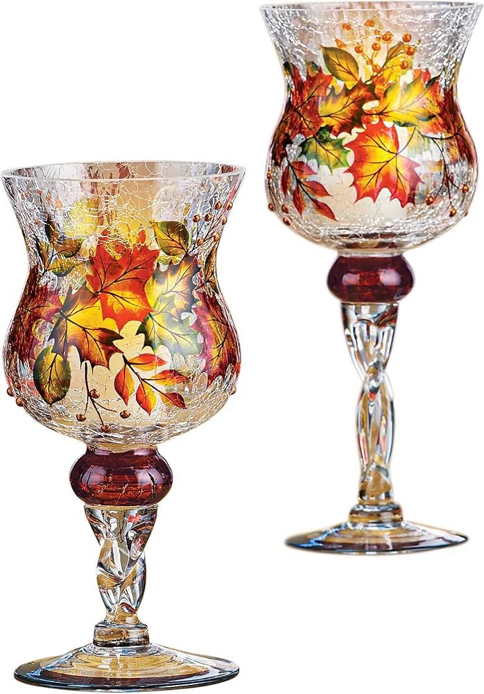 Collections Etc Hand Painted Fall Harvest Glass Pedestal Candleholder Goblet | Crackle Glass Hurr... | Amazon (US)