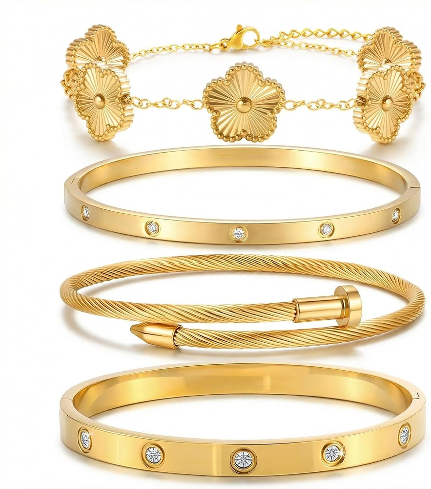 18K Gold Bracelets for Women - Stackable Clover & Nail Love Bangle Set - Non-Tarnish Stainless St... | Amazon (US)