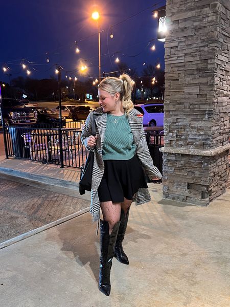 Winter date night outfit idea with skirt and tights, skirt and fishnet tights outfit, what to wear for winter birthday, wide calf boots, wide calf tall boots, midsize skirt outfit for pear shape 

#LTKmidsize #LTKSeasonal #LTKshoecrush