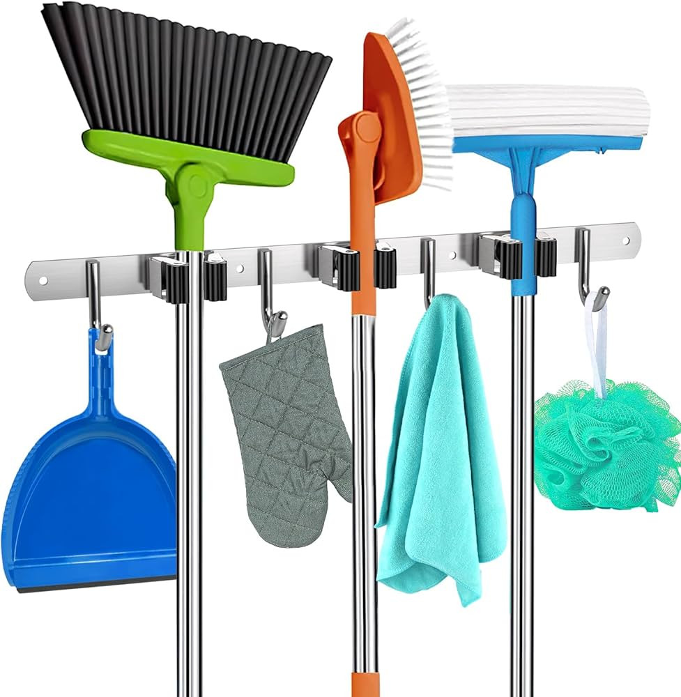 Homely Center Mop and Broom Holder Wall Mount – Heavy-Duty Broom Closet Organizer for Garage, K... | Amazon (US)