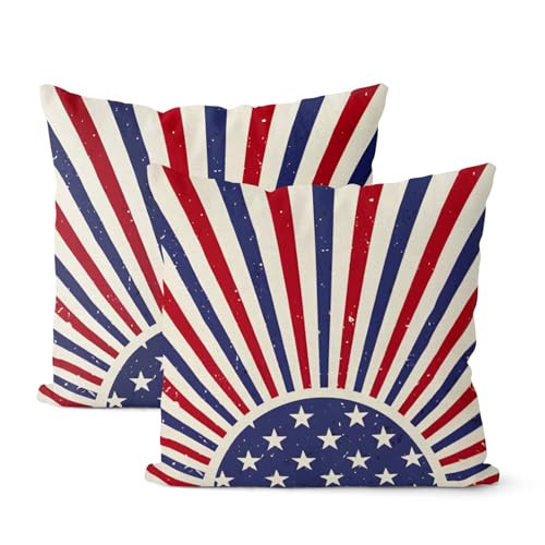 DAFENA 4th of July Pillow Covers 18x18 Inch 2 Pcs Blue Red Striped Sunshine Outdoor Decor Throw Pillows Patriotic Star Farmhouse Holiday Decoration Pillowcase Linen Cushion Cover for Couch Sofa Bed | Amazon (US)