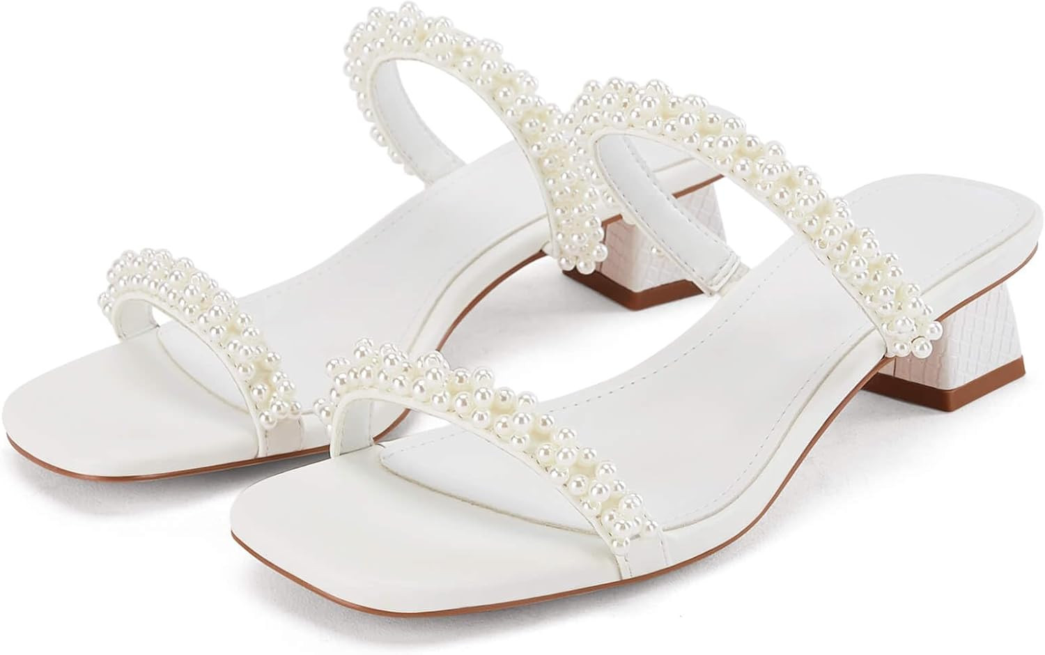 Womens Pearl Square Open toe Heels Sandals Chunky Low Heels Two Band Backless Slides Summer Weddi... | Amazon (US)