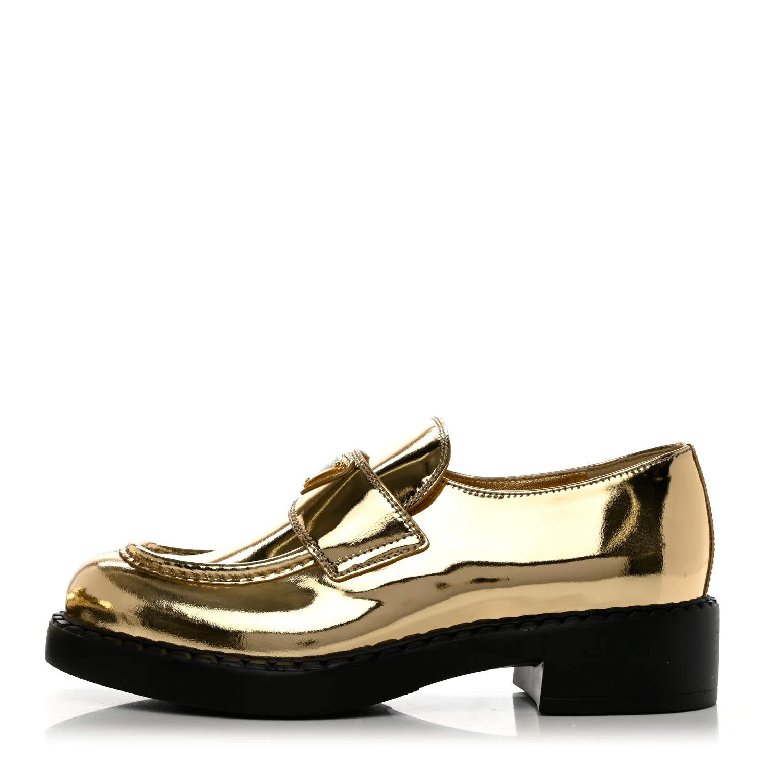 Metallic Brushed Calfskin Metal Triangle Logo 50mm Loafers 39 Platino | FASHIONPHILE (US)