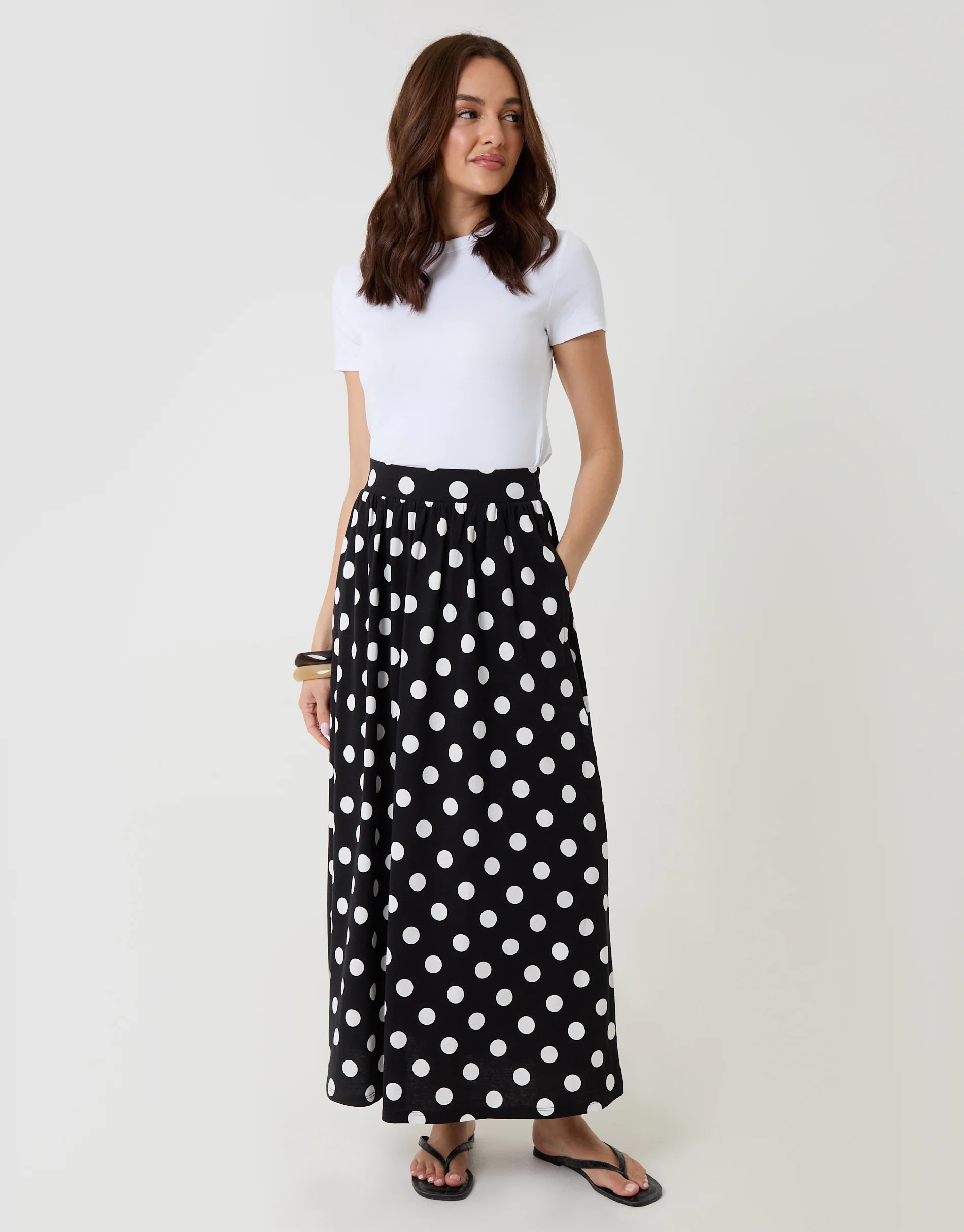 Jersey A-Line Maxi Skirt in Mono Polka Dot | Threadbare UK