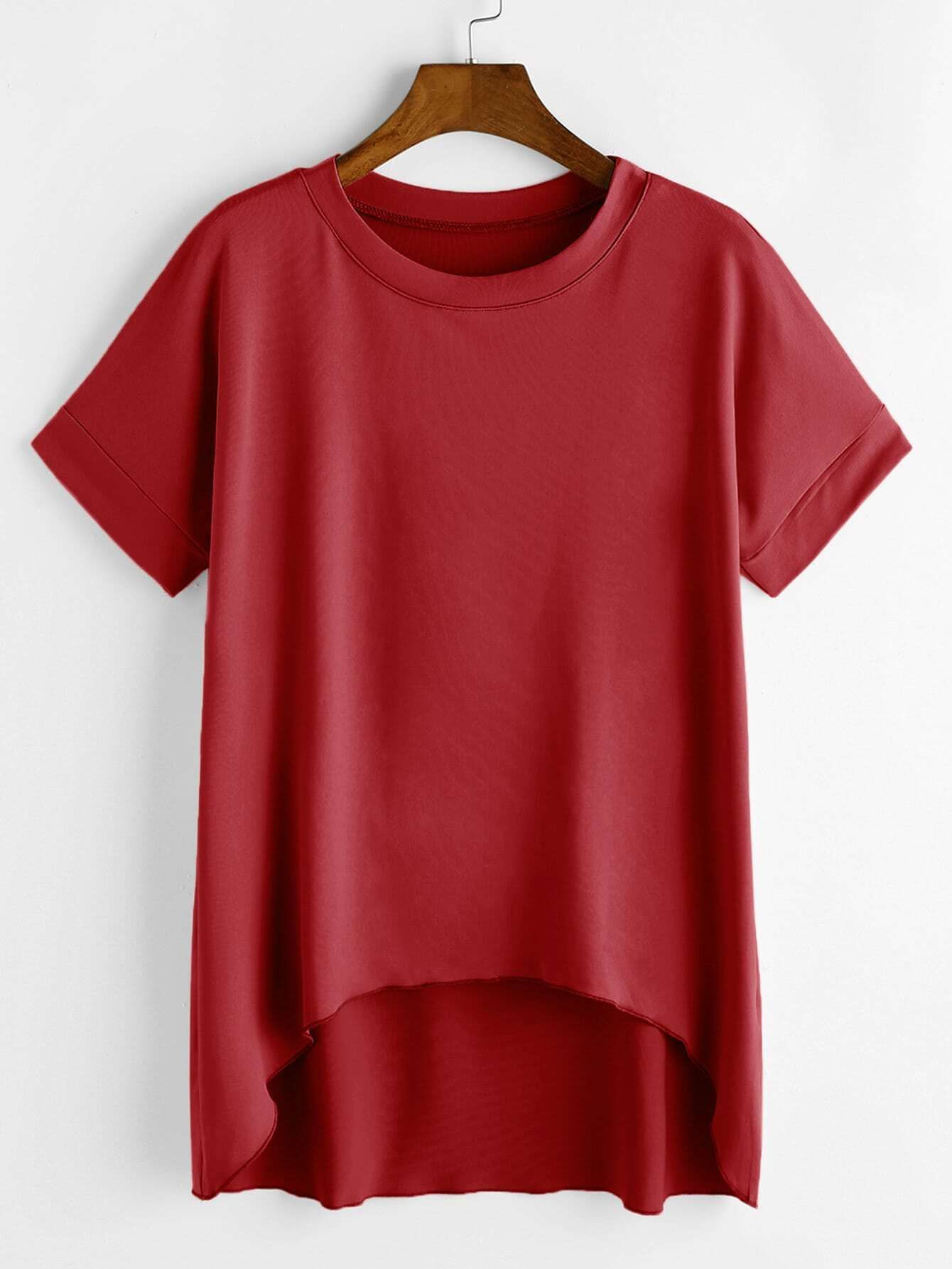 Burgundy Short Sleeve Dip Hem T-shirt | ROMWE