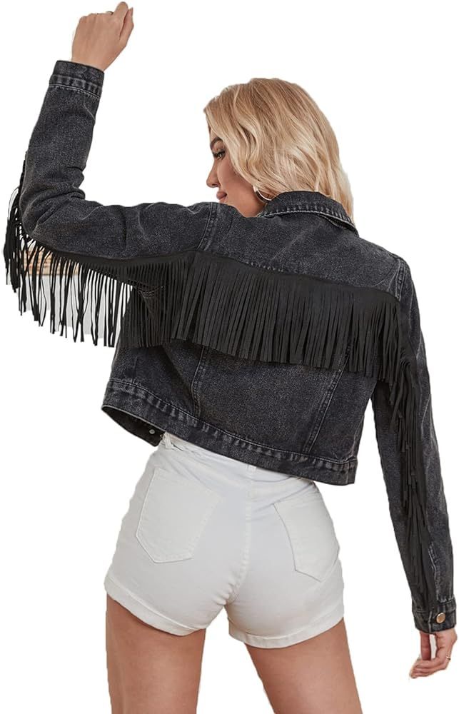 Women Cropped Denim Jacket long sleeve distressed fringe jean coat | Amazon (US)