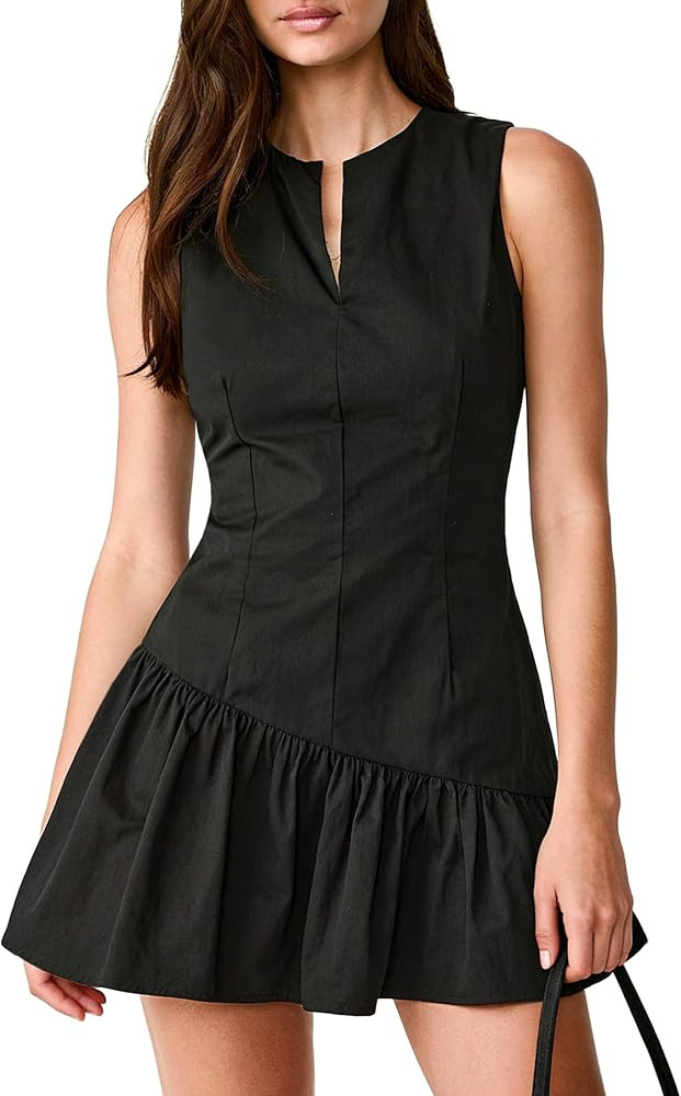 OZICERD Women Ruffle Babydoll Mini Dress Boat Neck Slit Sleeveless Going Out Dresses Short Vestid... | Amazon (US)