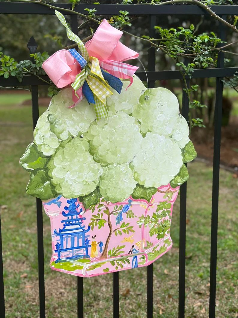 White Hydrangea With a Fun Colorful Pink Chinoiserie Pot Doorhanger. - Etsy | Etsy (US)