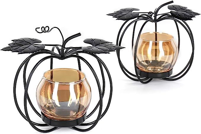 2 Pcs Pumpkin Glass Votive Candle Holders Home Decorative Tealight Candle Stands Coffee Table Cen... | Amazon (US)