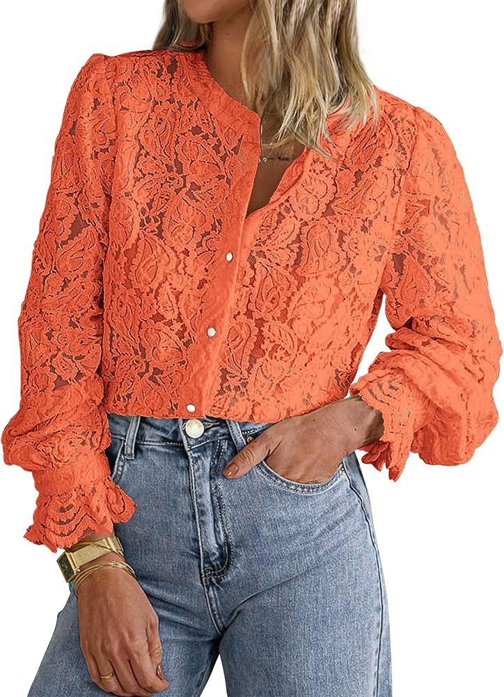 PRETTYGARDEN Women's Dressy Casual Lace Blouse Long Sleeve Button Up Shirts Tops Spring Fall Fash... | Amazon (US)