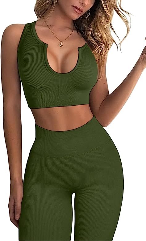 FAFOFA Workout Outfits for Women 2 Piece Ribbed Seamless Crop Tank High Waist Yoga Leggings Sets | Amazon (US)