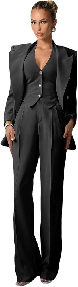 Classic Suits for Women 3 Piece Peak Lapel 6 Button Double Breasted Womens Suit Regular Fit Pant ... | Amazon (US)