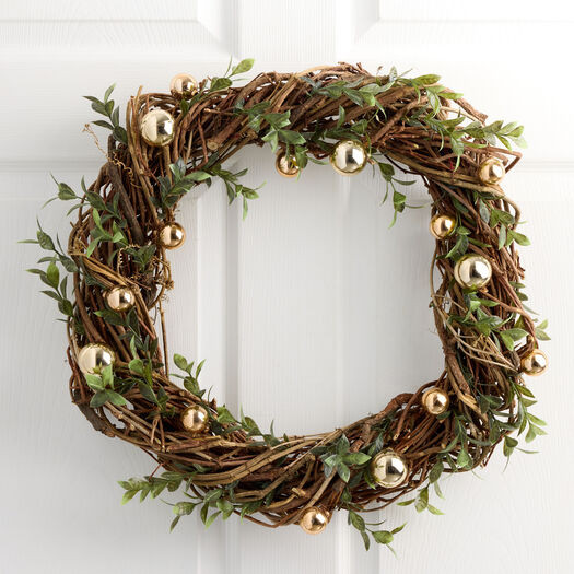 Twisted Twig and Faux Greenery Wreath with Gold Ornaments by World Market | World Market