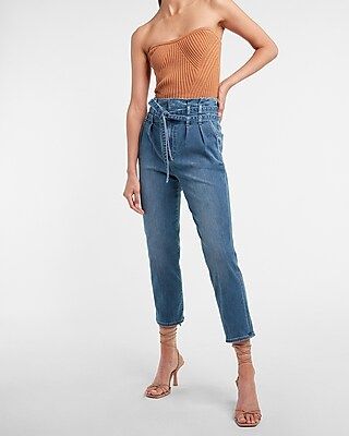 Super High Waisted Belted Paperbag Cropped Straight Jeans | Express