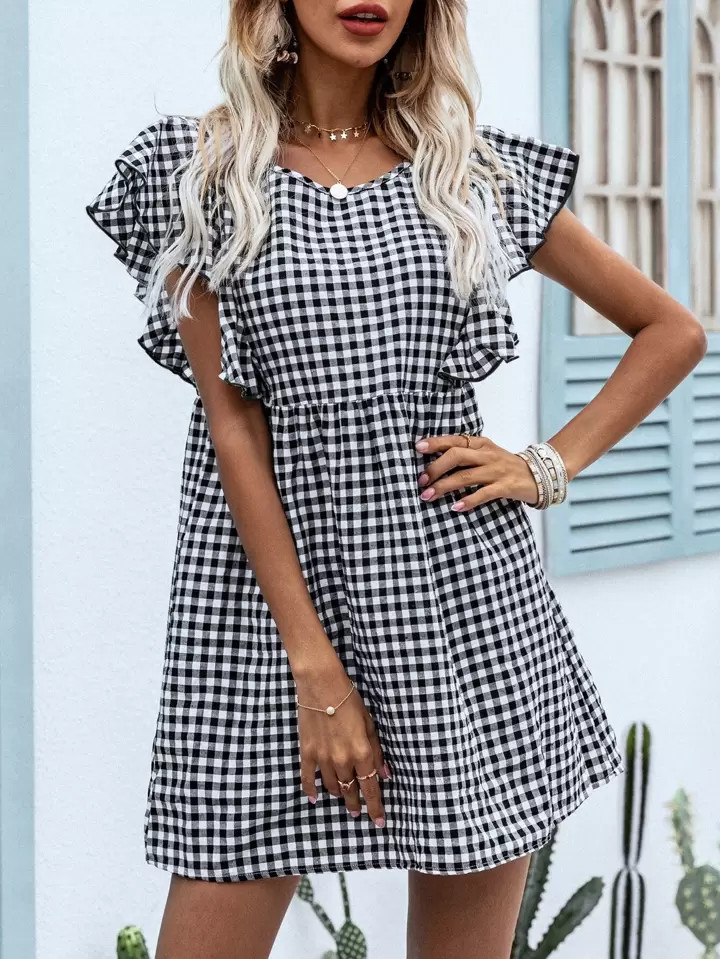 SHEIN VCAY Gingham Butterfly Sleeve Dress | SHEIN