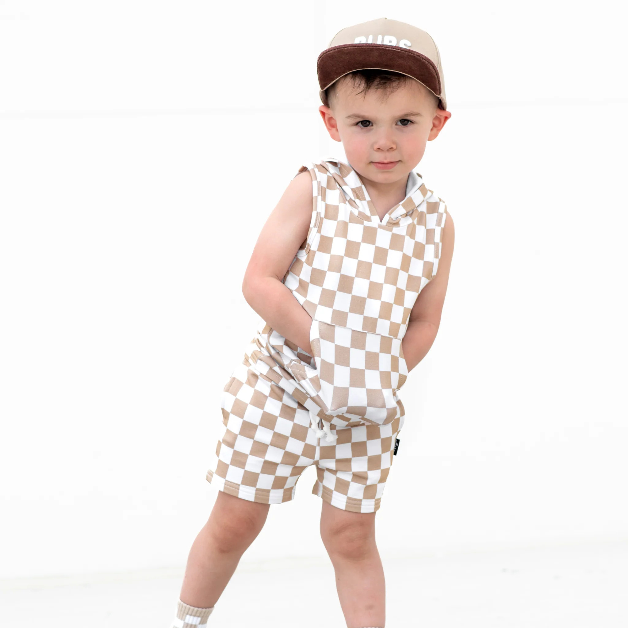 BAMBOO HOODIE TANK- Tan Check | millie + roo