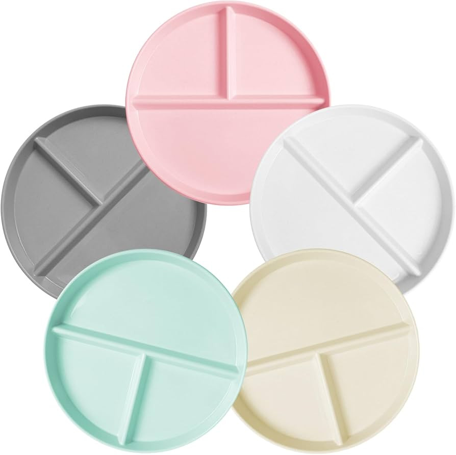 Unbreakable Divided Plates for Kids Adults 9 Inch 5Pcs，Round Portion Control Plate,3 Compartmen... | Amazon (US)