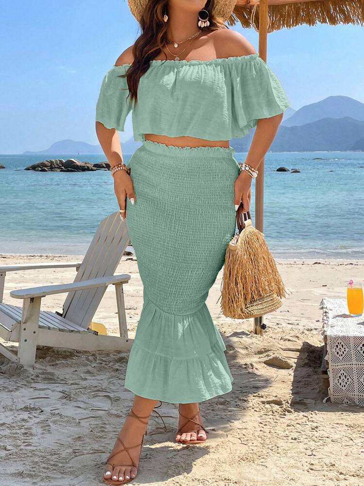 SHEIN VCAY Plus Off Shoulder Crop Top & Mermaid Hem Skirt
       
              
              $1... | SHEIN