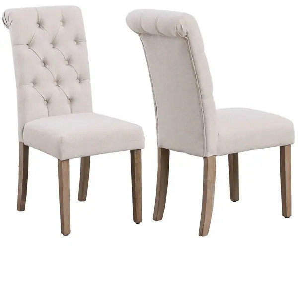 High Back Linen Ivory Tufted Upholstered Dining Chairs, Set of 2, Beige | Bed Bath & Beyond