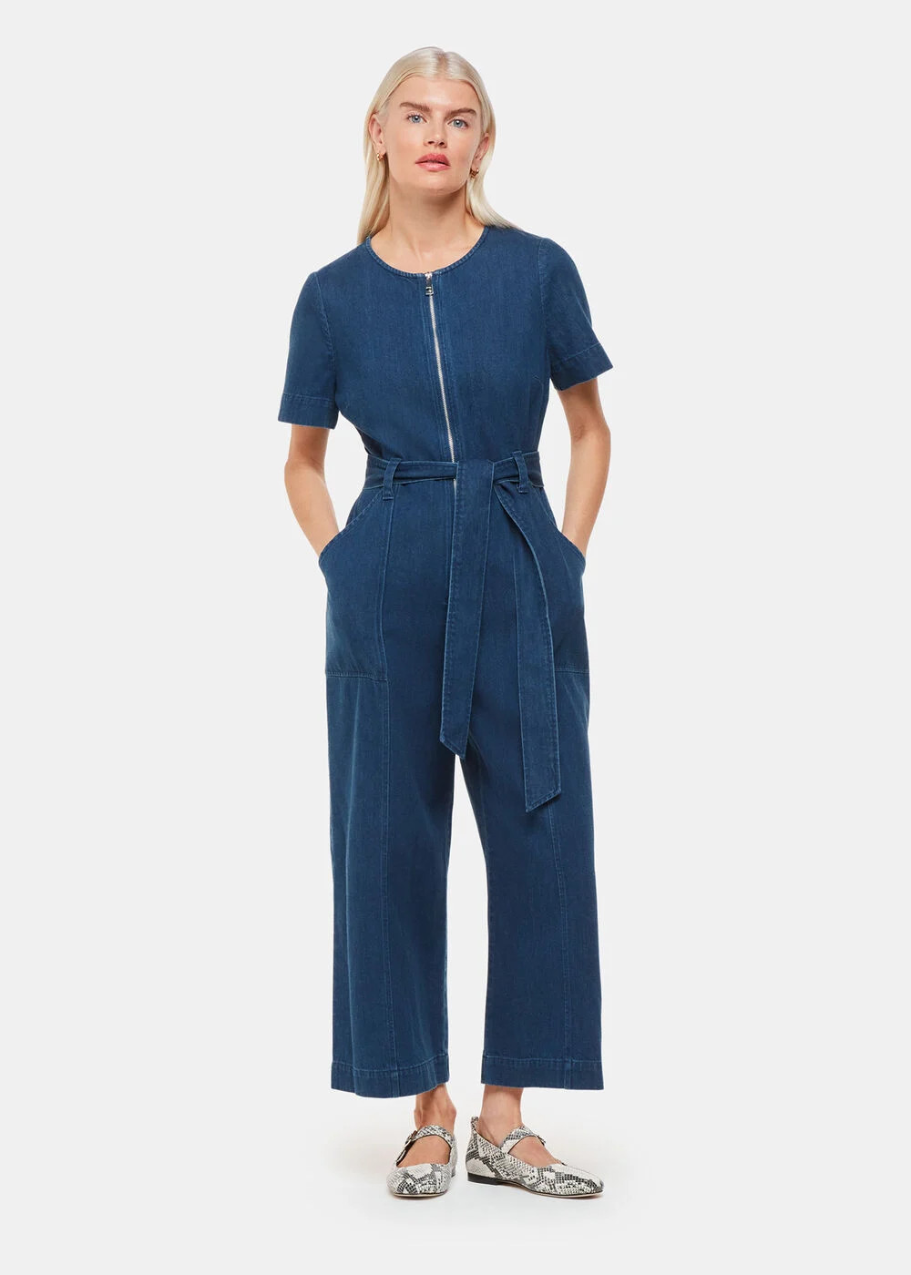 Denim Short Sleeve Denim Jumpsuit | WHISTLES | Whistles UK | | Whistles