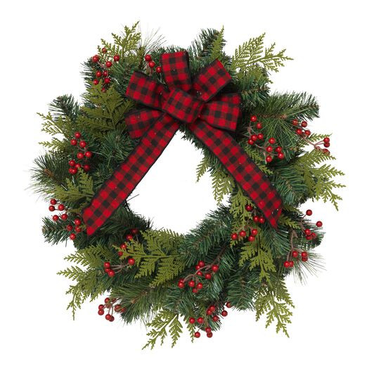 Faux Pine and Red Berry Wreath with Plaid Bow by World Market | World Market